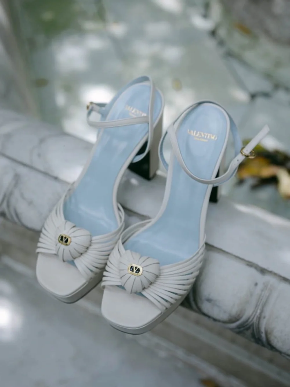 Valentino Cream Leather Knotted Open-Toe Block Heel Sandals